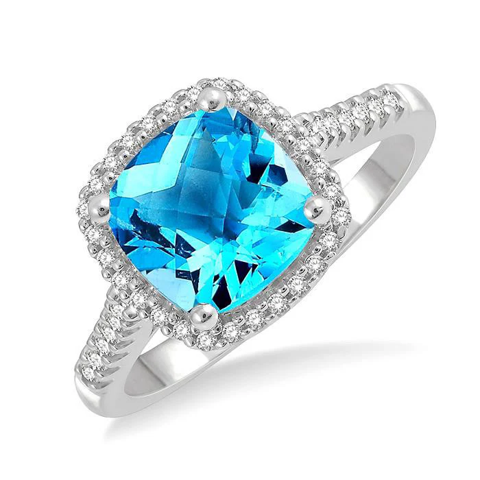 A Cushion Shape Blue Topaz Gemstone & Halo Diamond Ring available at Dunkin’s Diamonds