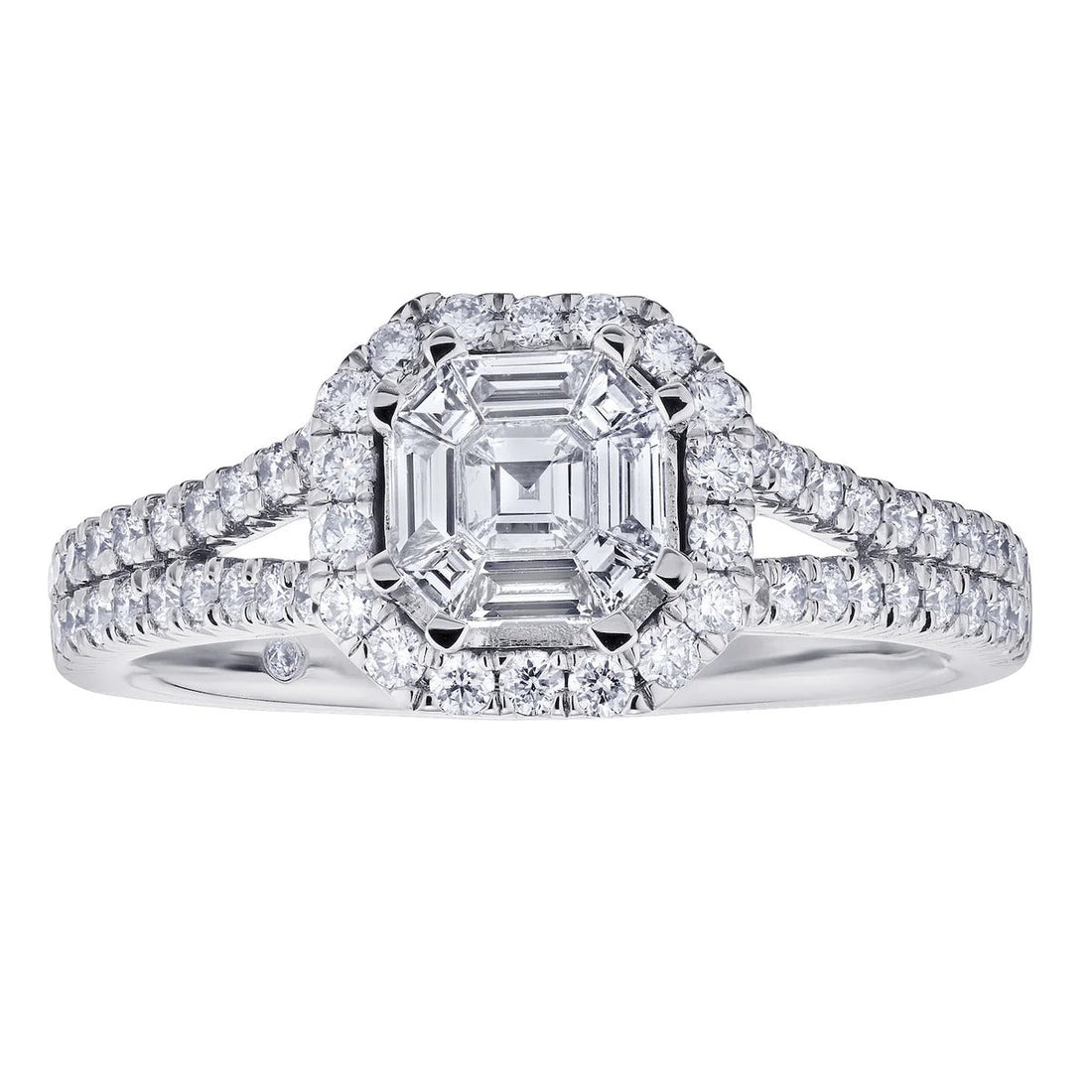 A Diamond Asscher Shaped Composite Cluster Split Shank Engagement Ring available at Dunkin’s Diamonds.