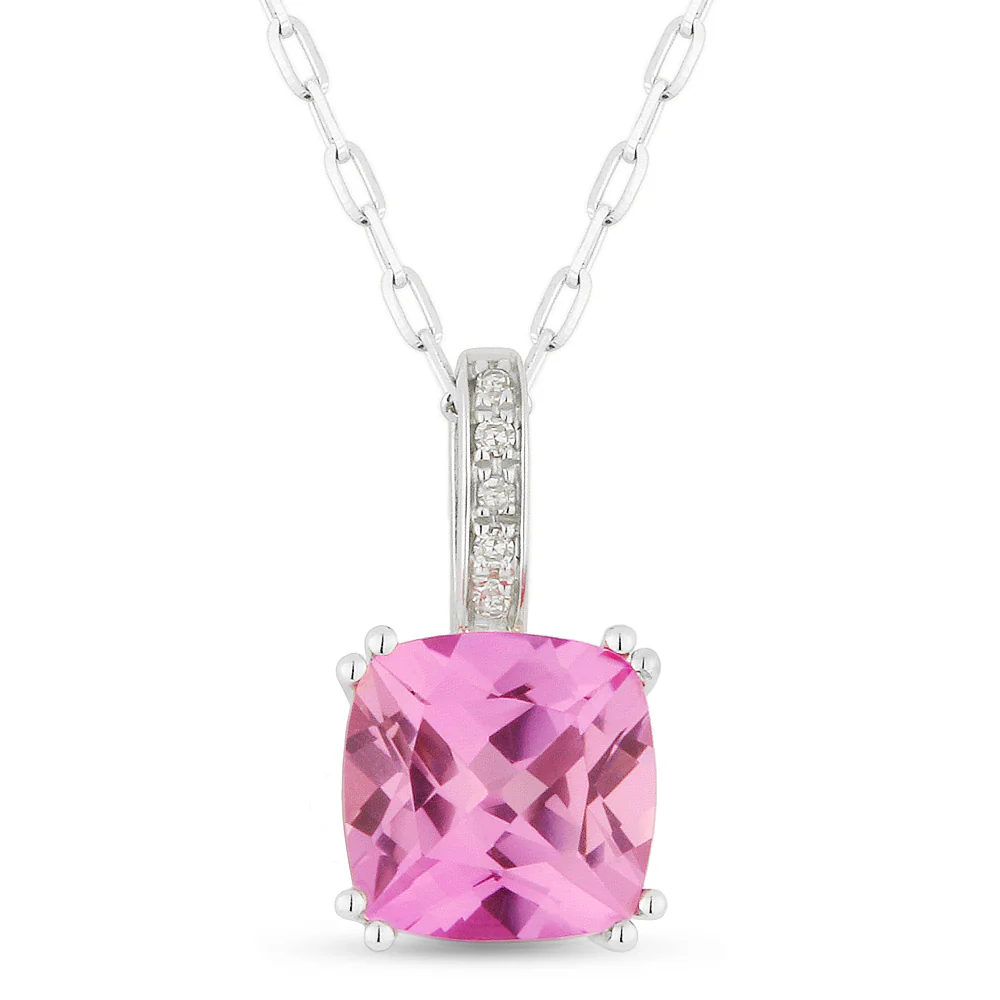 A White Gold Created Pink Sapphire and Diamond Pendant available at Dunkin’s Diamonds.