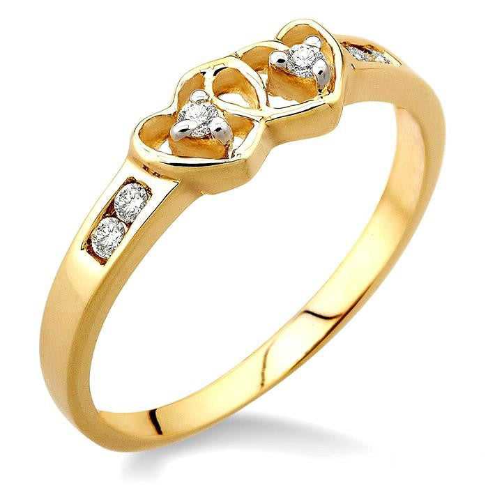 10K Yellow Gold Twin Heart Shape Light Weight .10Ctw Diamond Ring