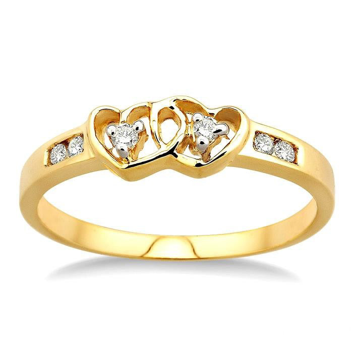 10K Yellow Gold Twin Heart Shape Light Weight .10Ctw Diamond Ring