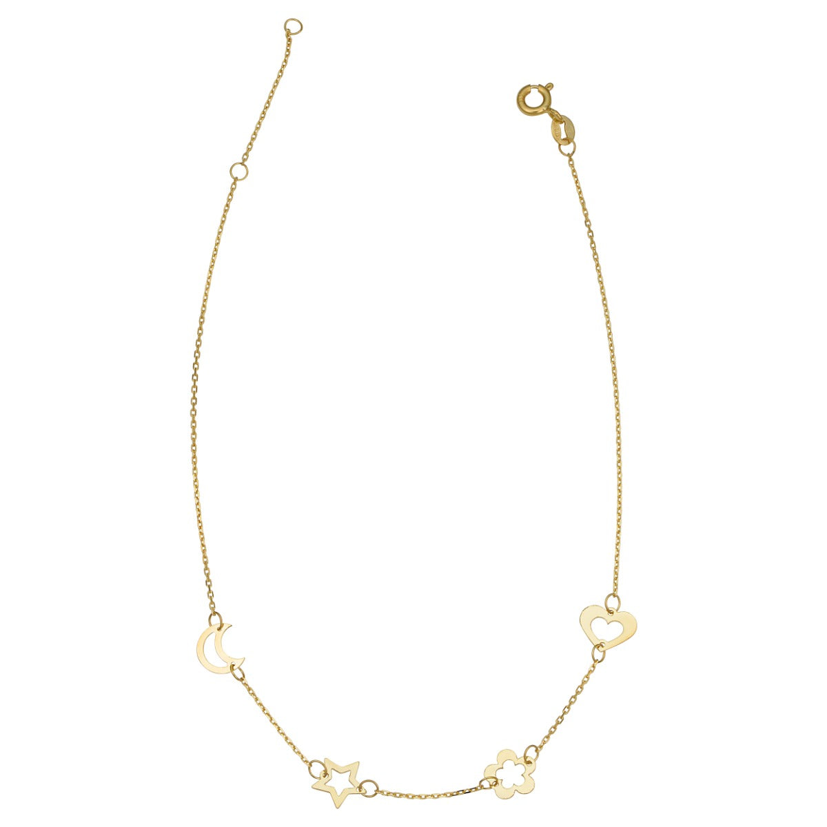 10k Yellow Gold Heart-Flower-Star-Moon Station Adjustable Length Anklet
