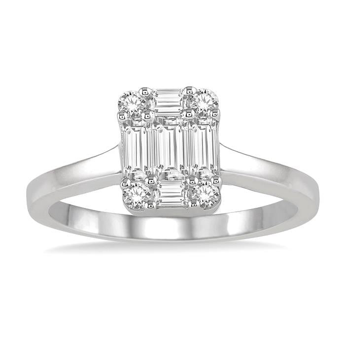 1/2 Ctw Baguette and Round Cut Fusion Diamond Engagement Ring in 14K White Gold