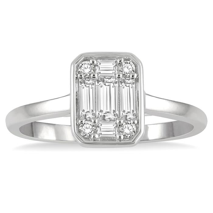 1/2 Ctw Octagonal Shape Baguette and Round Cut Diamond Ladies Ring in 14K White Gold