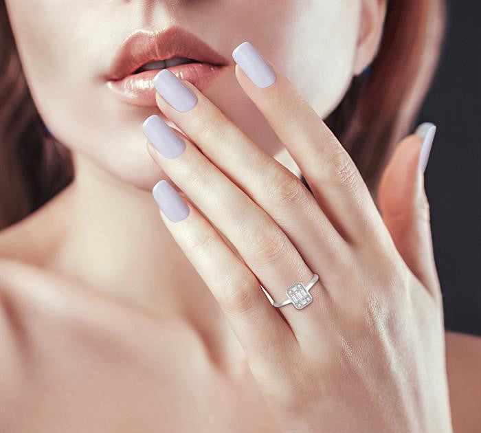 1/2 Ctw Octagonal Shape Baguette and Round Cut Diamond Ladies Ring in 14K White Gold