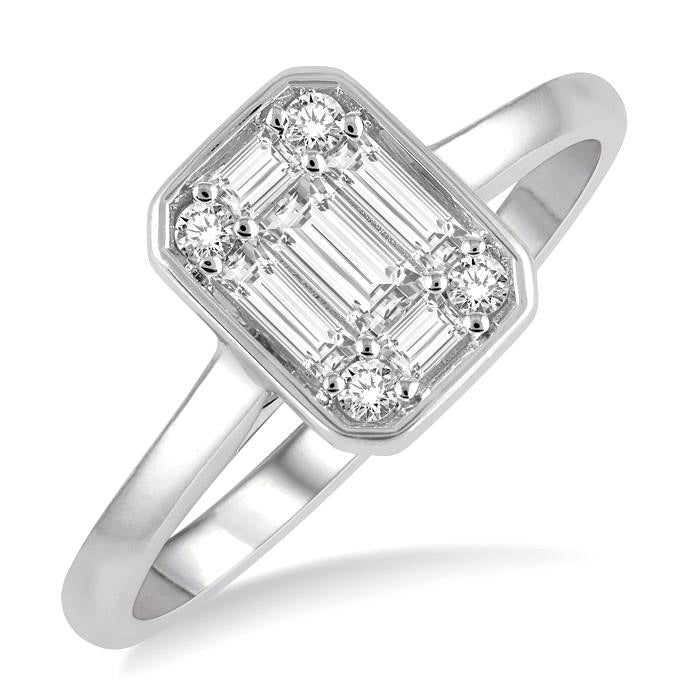 1/2 Ctw Octagonal Shape Baguette and Round Cut Diamond Ladies Ring in 14K White Gold