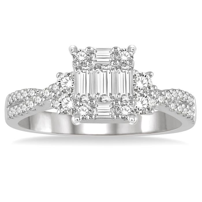3/4 Ctw Split Criss Cross Shank Fusion Baguette and Round Cut Diamond Engagement Ring in 14K White Gold