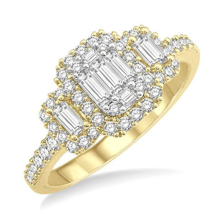 3/4 Ctw Layered Round Cut and Baguette Diamond Ring in 14K Yellow and white gold