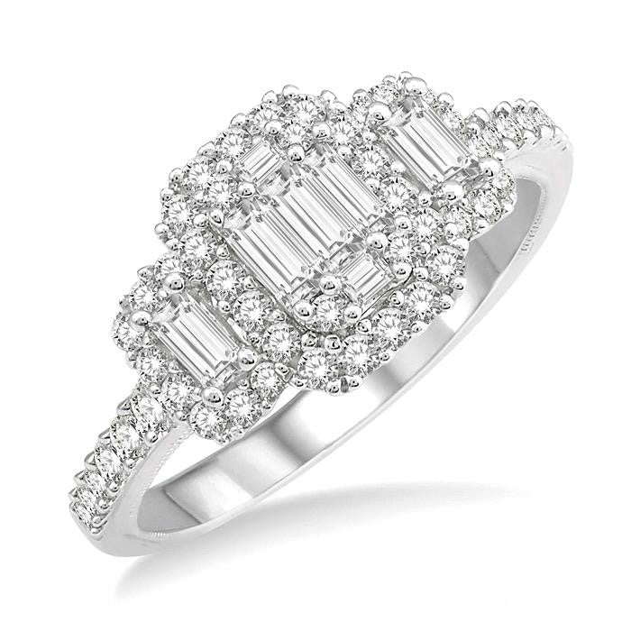 3 Stone Halo Fusion Diamond Engagement Ring