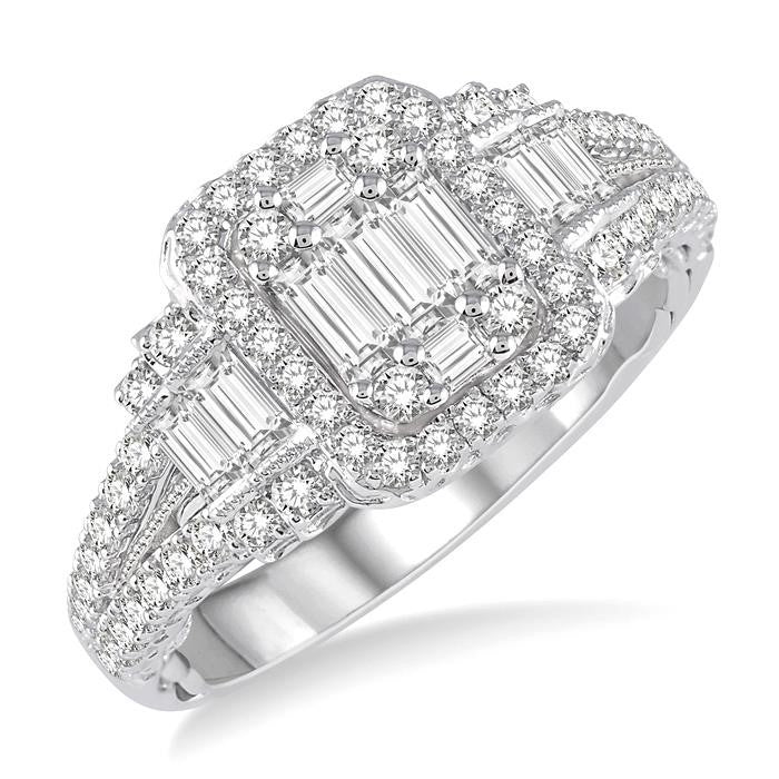 1 Ctw Split Shank Baguette and Round Cut Diamond Bridal Ring in 14K White Gold