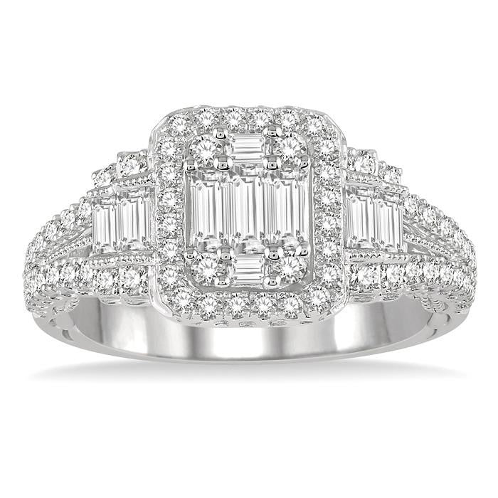 1 Ctw Split Shank Baguette and Round Cut Diamond Bridal Ring in 14K White Gold