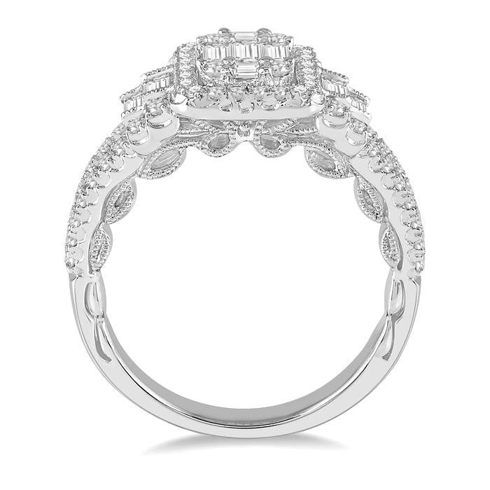 1 Ctw Split Shank Baguette and Round Cut Diamond Bridal Ring in 14K White Gold
