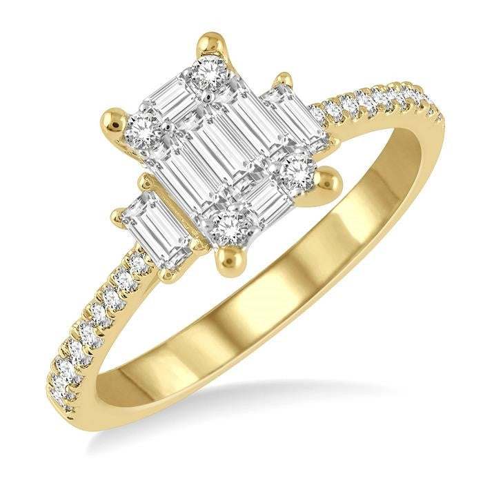 5/8 Ctw Baguette and Round Cut Fusion Diamond Engagement Ring in 14K Yellow and White Gold