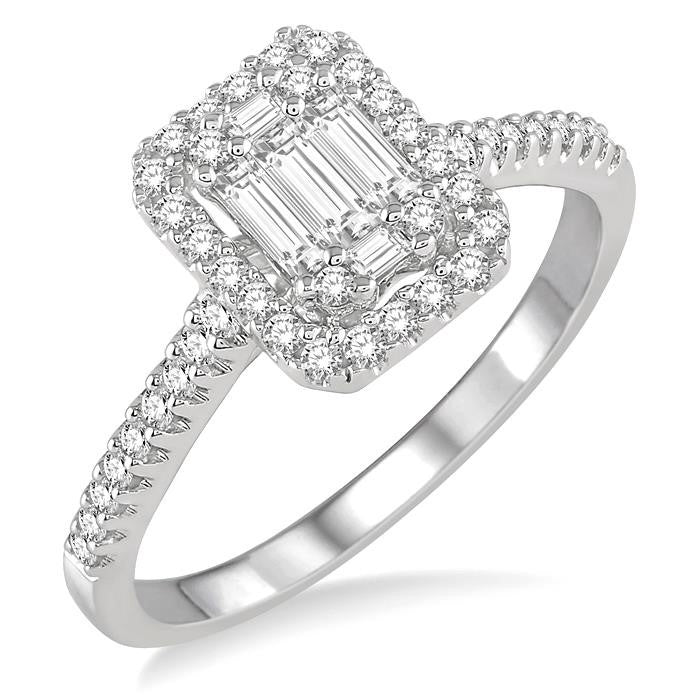 7/8 Ctw Emerald Shape Baguette and Round Cut Diamond Ring in 14K White Gold