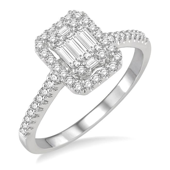 Emerald Shape Halo Fusion Diamond Engagement Ring
