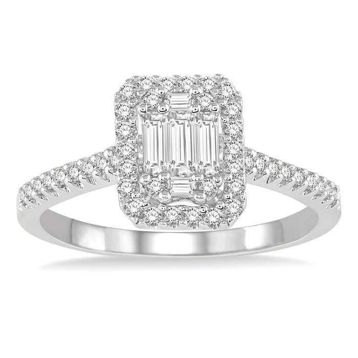 Emerald Shape Halo Fusion Diamond Engagement Ring
