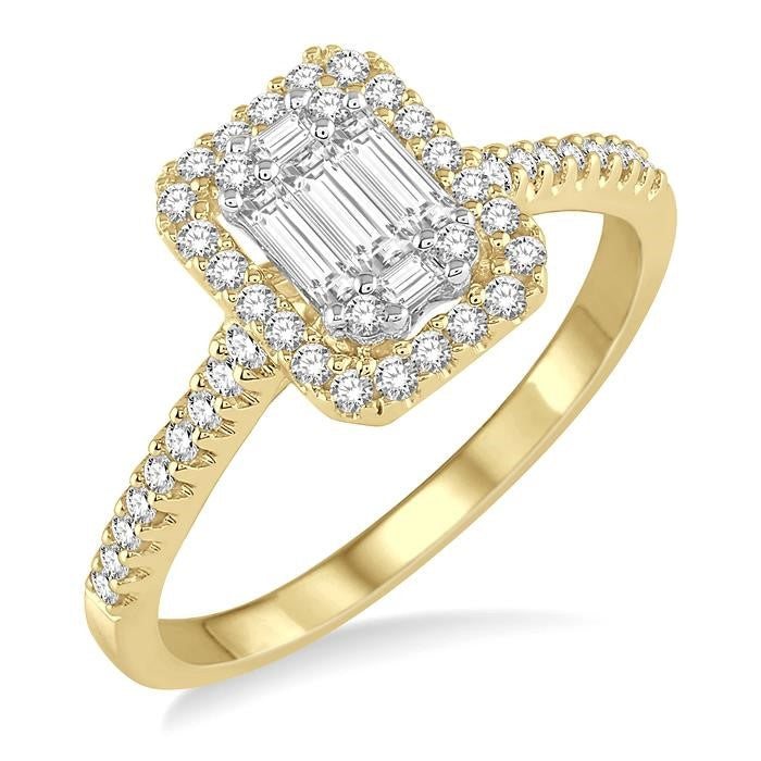 5/8 Ctw Emerald Shape Baguette and Round Cut Diamond Ring in 14K Yellow and White Gold