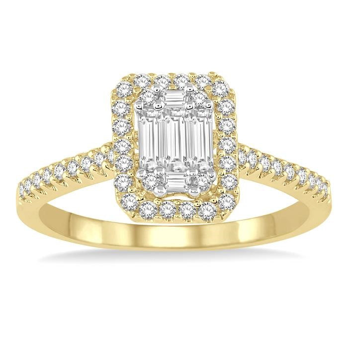 5/8 Ctw Emerald Shape Baguette and Round Cut Diamond Ring in 14K Yellow and White Gold