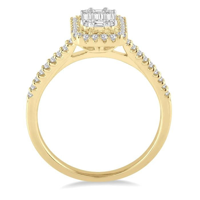 5/8 Ctw Emerald Shape Baguette and Round Cut Diamond Ring in 14K Yellow and White Gold