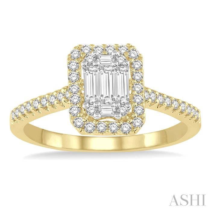 5/8 Ctw Emerald Shape Baguette and Round Cut Diamond Ring in 14K Yellow and White Gold