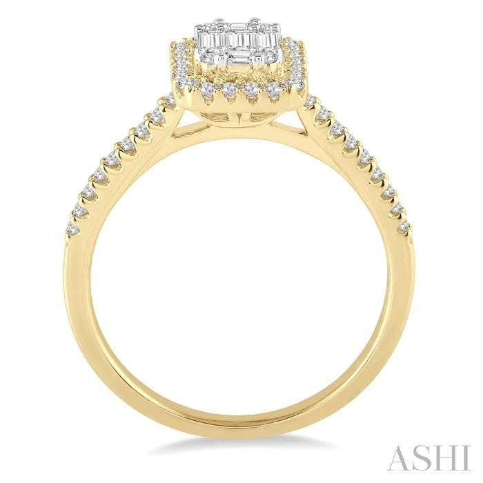 5/8 Ctw Emerald Shape Baguette and Round Cut Diamond Ring in 14K Yellow and White Gold