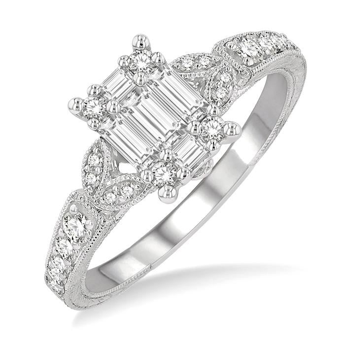 1/2 Ctw Carved Shank Fusion Baguette and Round Cut Diamond Engagement Ring in 14K White Gold