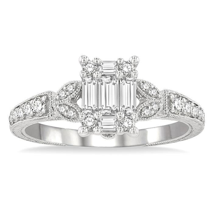 1/2 Ctw Carved Shank Fusion Baguette and Round Cut Diamond Engagement Ring in 14K White Gold
