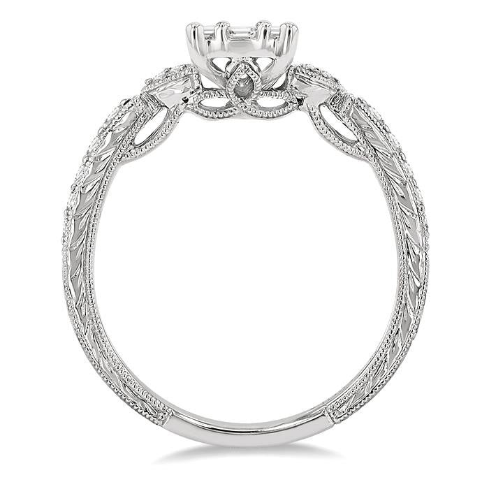 1/2 Ctw Carved Shank Fusion Baguette and Round Cut Diamond Engagement Ring in 14K White Gold