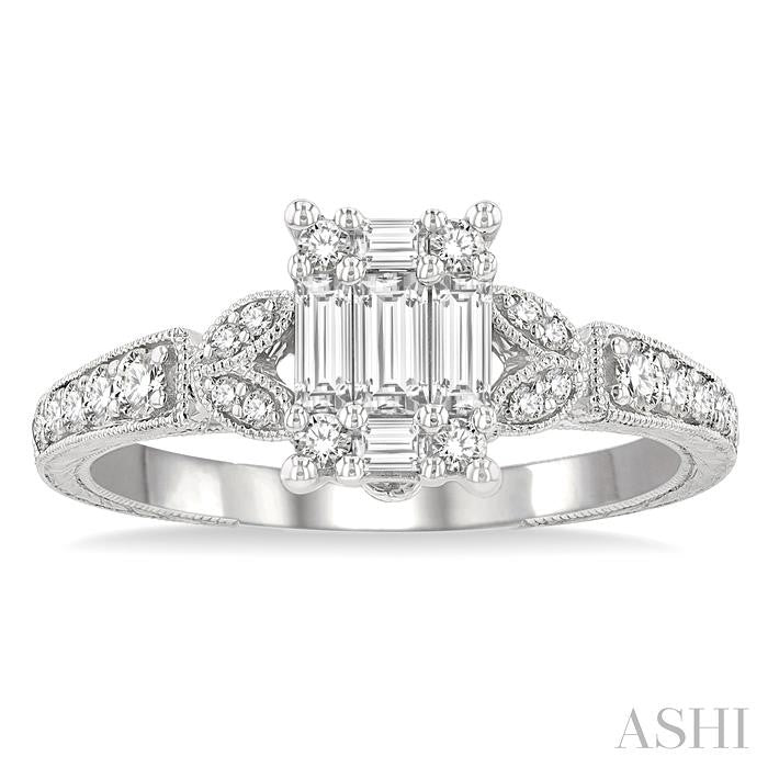 1/2 Ctw Carved Shank Fusion Baguette and Round Cut Diamond Engagement Ring in 14K White Gold