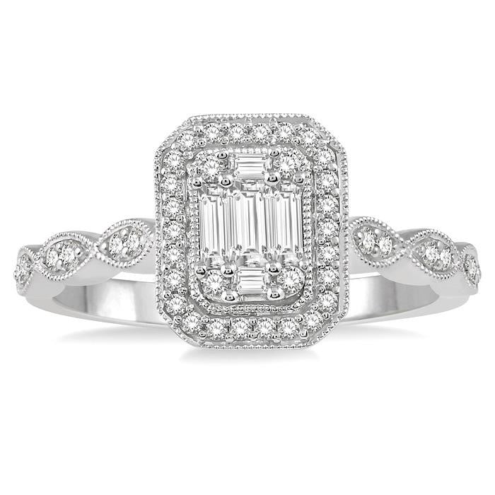 3/8 Ctw Emerald Shape Round Cut and Baguette Diamond Fusion Engagement Ring in 14K White Gold