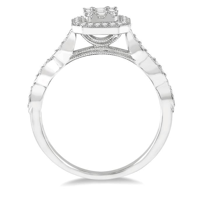 3/8 Ctw Emerald Shape Round Cut and Baguette Diamond Fusion Engagement Ring in 14K White Gold