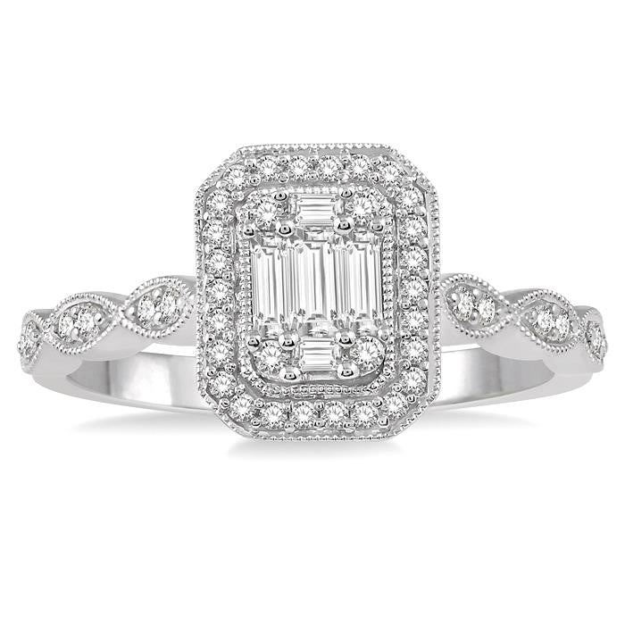 3/8 Ctw Emerald Shape Round Cut and Baguette Diamond Fusion Engagement Ring in 14K White Gold