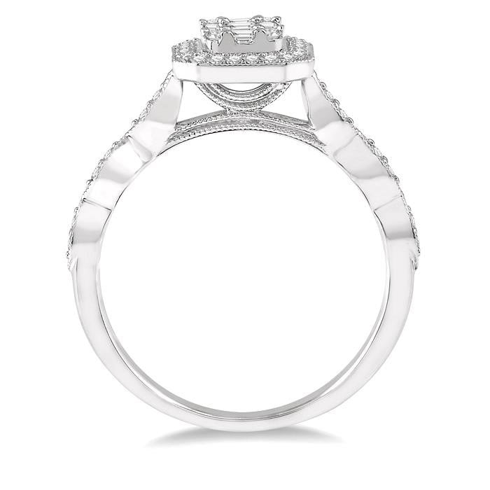 3/8 Ctw Emerald Shape Round Cut and Baguette Diamond Fusion Engagement Ring in 14K White Gold