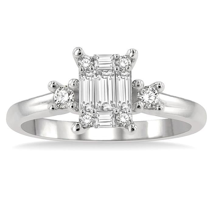 1/2 Ctw Fusion Baguette and Round Cut Diamond Engagement Ring in 14K White Gold