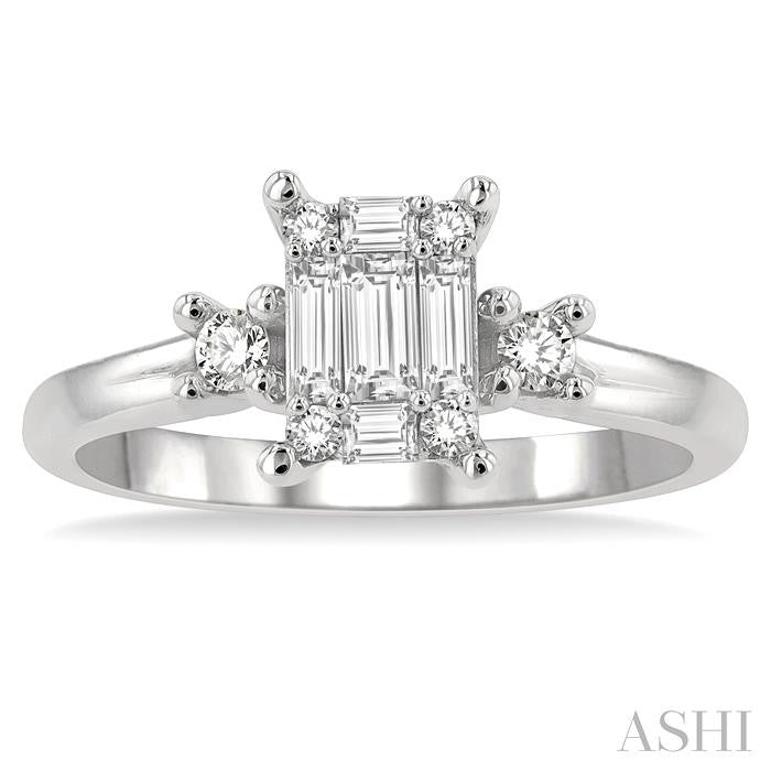 1/2 Ctw Fusion Baguette and Round Cut Diamond Engagement Ring in 14K White Gold