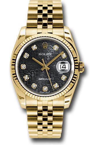*Pre-Owned* Rolex Yellow Gold Datejust 36 Watch - Fluted Bezel - Black Jubilee Diamond Dial - Jubilee Bracelet