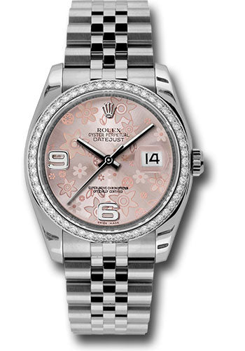 *Pre-Owned* Rolex Steel and White Gold Datejust 36 Watch - 52 Diamond Bezel - Pink Floral Arabic Dial - Jubilee Bracelet