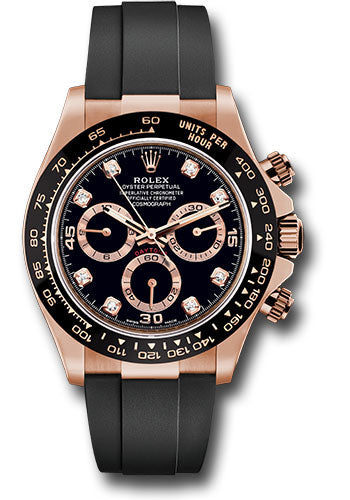 *Pre-Owned* Rolex Everose Gold Cosmograph Daytona 40 Watch - Black Diamond Dial - Black Oysterflex Strap