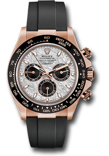 *Pre-Owned* Rolex Everose Gold Cosmograph Daytona 40 Watch - Meteroite and Black Index Dial - Black Oysterflex Strap