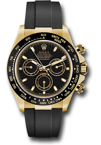 *Pre-Owned* Rolex Yellow Gold Cosmograph Daytona 40 Watch - Black Index Dial - Black Oysterflex Strap