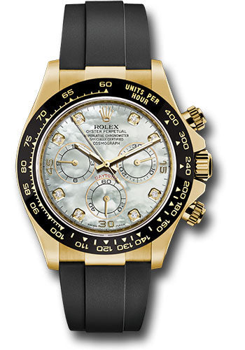 *Pre-Owned* Rolex Yellow Gold Cosmograph Daytona 40 Watch - White Mother-Of-Pearl Diamond Dial - Black Oysterflex Strap
