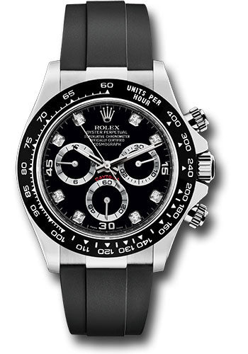 *Pre-Owned* Rolex White Gold Cosmograph Daytona 40 Watch - Black Diamond Dial - Black Oysterflex Strap