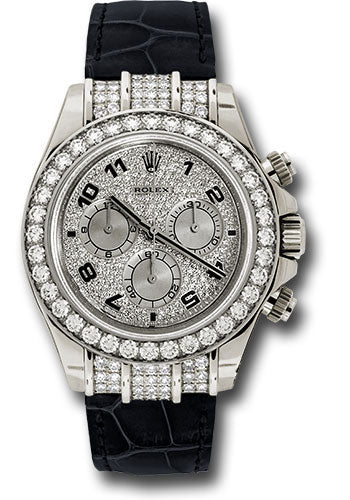 *Pre-Owned* Rolex White Gold Cosmograph Daytona 40 Watch - Pave Diamond Enamel Arabic Dial - Black Leather Strap