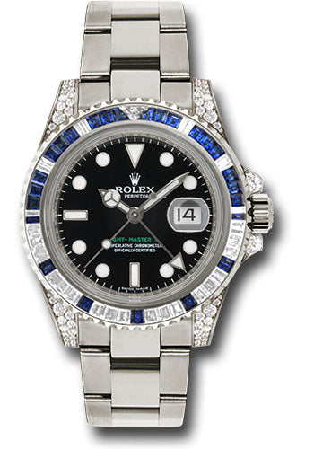 *Pre-Owned* Rolex White Gold GMT-Master II 40 Watch - Diamond And Blue Sapphire Bezel - Black Dial - Oyster Bracelet