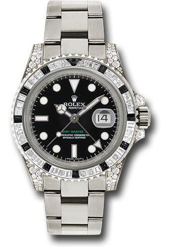 *Pre-Owned* Rolex White Gold GMT-Master II 40 Watch - Diamond And Black Sapphire Bezel - Black Dial - Oyster Bracelet