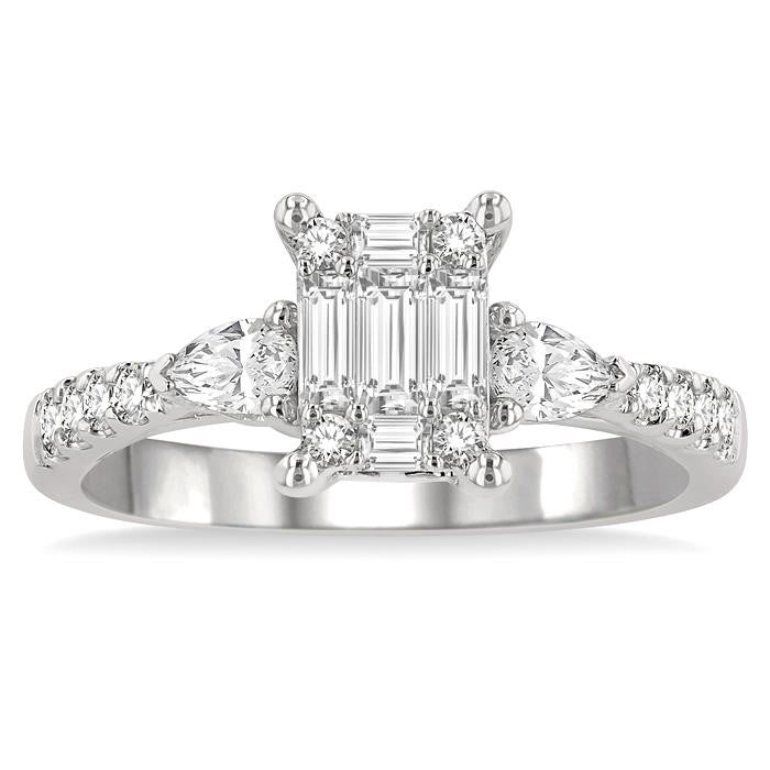 3/4 Ctw Emerald Shape Baguette, Pear and Round Cut Diamond Fusion Engagement Ring in 14K White Gold