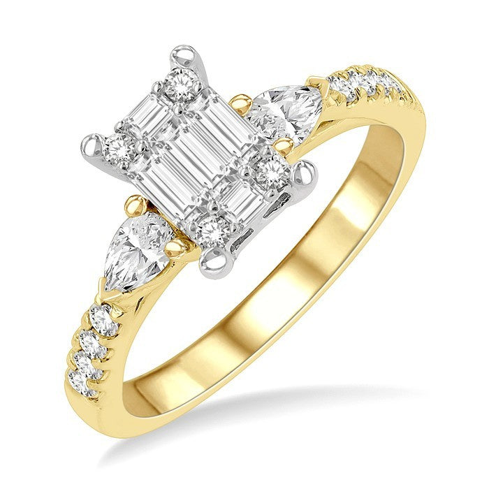 3/4 Ctw Emerald Shape Baguette, Pear and Round Cut Diamond Fusion Engagement Ring in 14K Yellow and White Gold