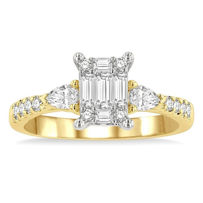3/4 Ctw Emerald Shape Baguette, Pear and Round Cut Diamond Fusion Engagement Ring in 14K Yellow and White Gold