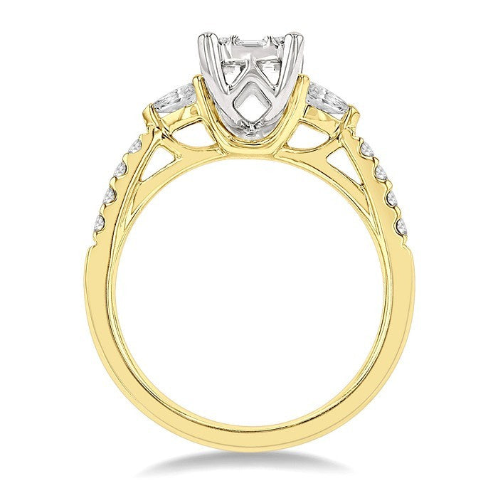 3/4 Ctw Emerald Shape Baguette, Pear and Round Cut Diamond Fusion Engagement Ring in 14K Yellow and White Gold