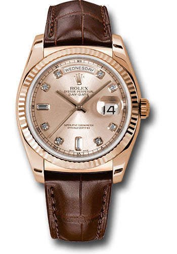 *Pre-Owned* Rolex Everose Gold Day-Date 36 Watch - Fluted Bezel - Pink Diamond Dial - Brown Leather